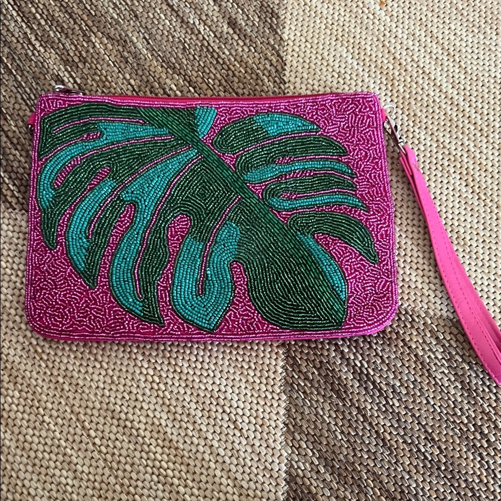 Natasha Couture Pink and Teal Beaded Clutch